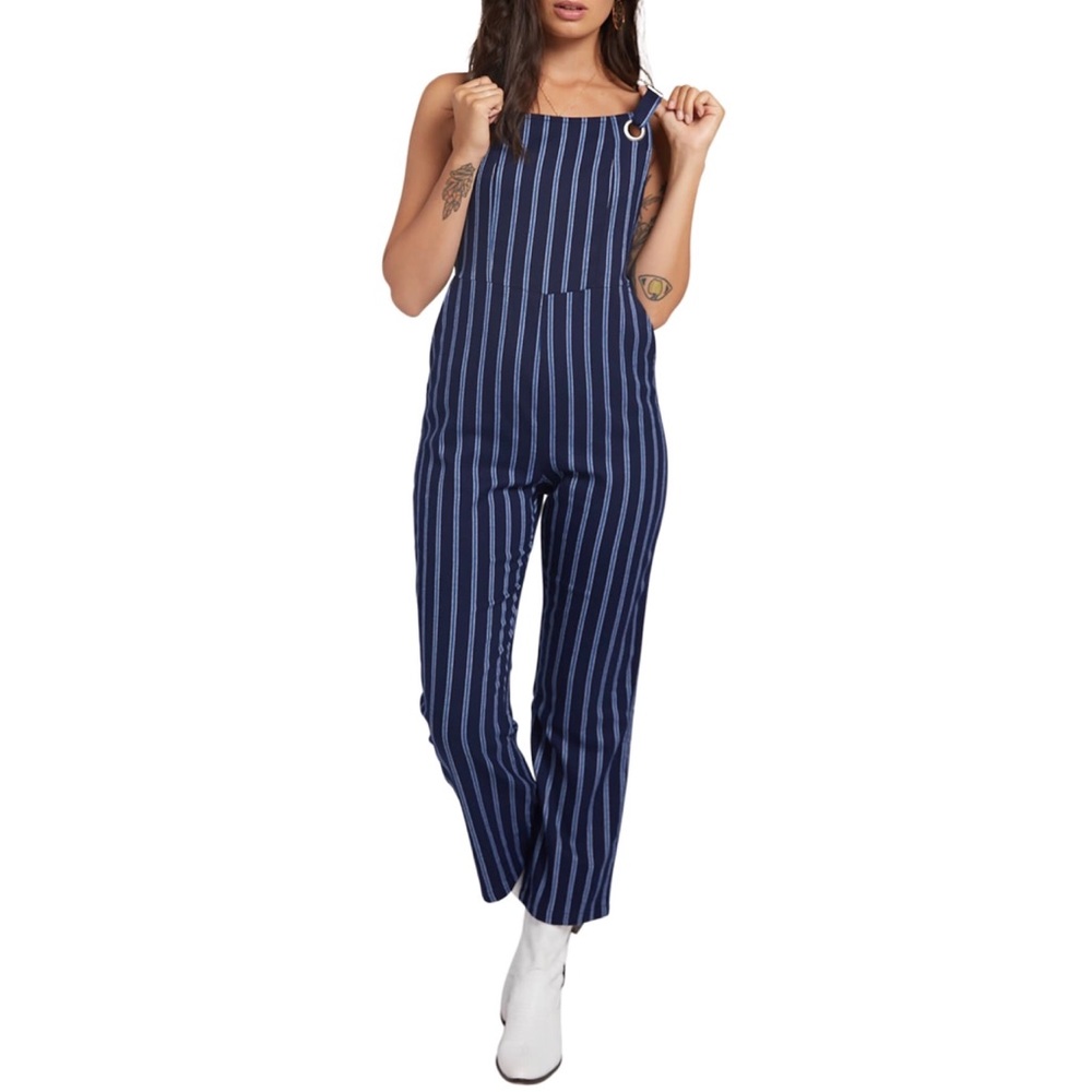 VOLCOM‎ STONE ROW Future Me Blue Striped Overall Jumpsuit Size S